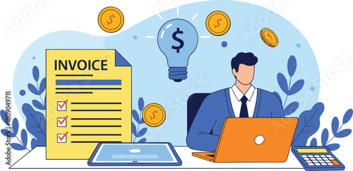 Man Working on Laptop with Giant Invoice Document, Light Bulb Idea, Coins, and Calculator, Representing Finance, Billing, Accounting, and Payment Process Vector Illustration.