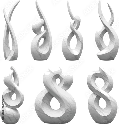 Create a kinds of deferent Modern abstract white marble sculpture vector art with white background..