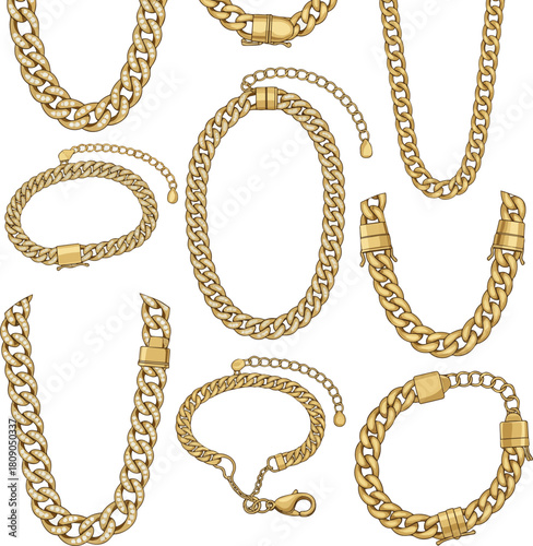 Create a kinds of deferent Gold Cuban link chain necklace for men vector art with white background..