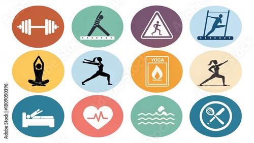 Wellness icons promoting healthy lifestyle choices, featuring fitness, yoga, sleep, nutrition, swimming, and heart health, encouraging balance and vitality