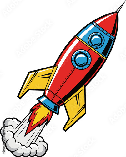 Create a Retro toy rocket ship launching vector art with white background..