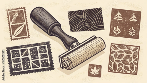 Botanical linocut stamps and roller create a rustic, vintage aesthetic for invitations, scrapbooks, or craft projects with a natural, earthy charm