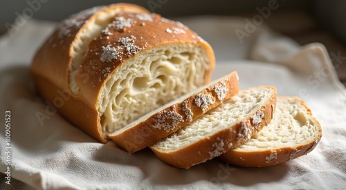 Freshly baked bread loaf with slices on white cloth
