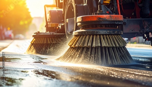 Street sweeper machine cleaning the asphalt road with rotating brushes and spraying water, illuminated by sunlight.