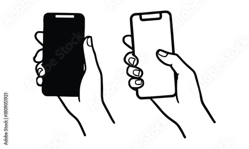 Two hands holding smartphones one black and one white outline vector icon
