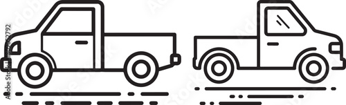 Two simple outline silhouettes of pickup trucks facing opposite directions