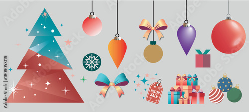 Festive christmas decorations including ornaments trees gifts and ribbons