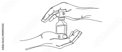 Hands holding and spraying a small bottle with liquid EPS icon