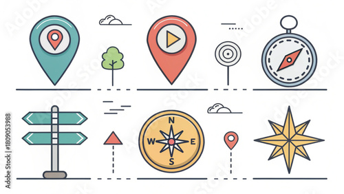 Plan your amazing adventure with modern compass and direction icons, navigate with confidence using these stylish wayfinding symbols for travel projects