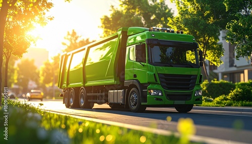 A vibrant green garbage truck drives down a sunlit street lined with lush trees and modern buildings.