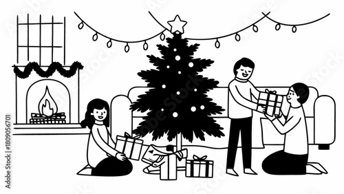 A happy family is exchanging christmas presents near the fireplace and christmas tree with lights, creating a warm and festive atmosphere isolated on