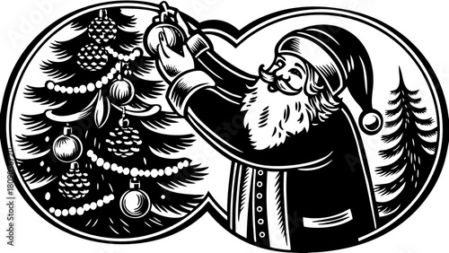 Santa claus is decorating a christmas tree with ornaments, creating a festive and joyful atmosphere in a vintage style isolated on