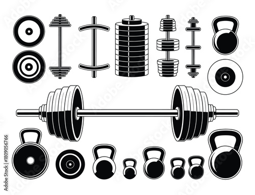 Gym Equipment Vector Set, Barbells, Dumbbells, Kettlebells, Weight Plates Icons