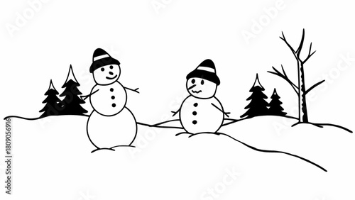 A black and white drawing of two snowmen standing in a snowy landscape with trees, isolated on winter scene with snowmen and trees