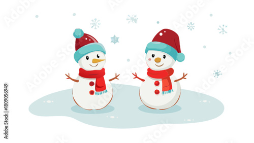Two cute snowmen standing in a snowy landscape with snowflakes falling, isolated on winter scene with snowmen and snowflakes