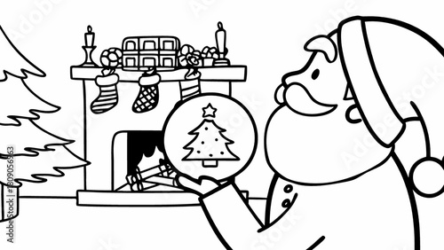 A charming christmas scene unfolds with santa claus holding a snow globe featuring a christmas tree, set against a backdrop of a cozy fireplace and tree