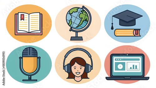 Explore online courses and embrace new knowledge with vibrant icons representing learning, global awareness, and academic achievement for education projects