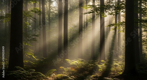 Sunlight streaming through tall trees in a dense forest with ferns on the forest floor below them