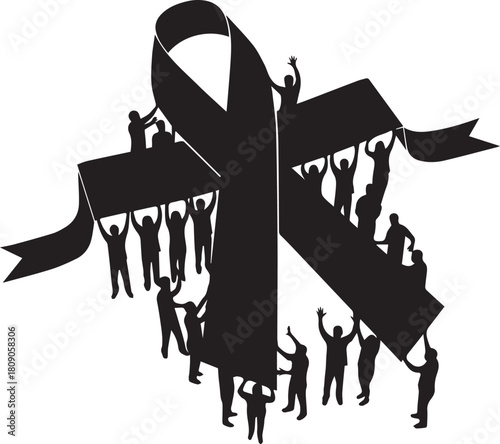World aids day black ribbon silhouette people holding up support solidarity awareness