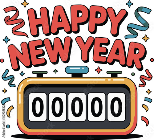 Happy New Year text with retro flip counter and confetti