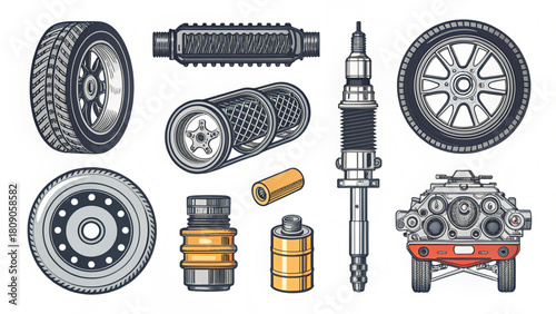 Explore automotive parts with tires, filters, and engine components designed for mechanics, car enthusiasts, and automotive advertising needs for your next project