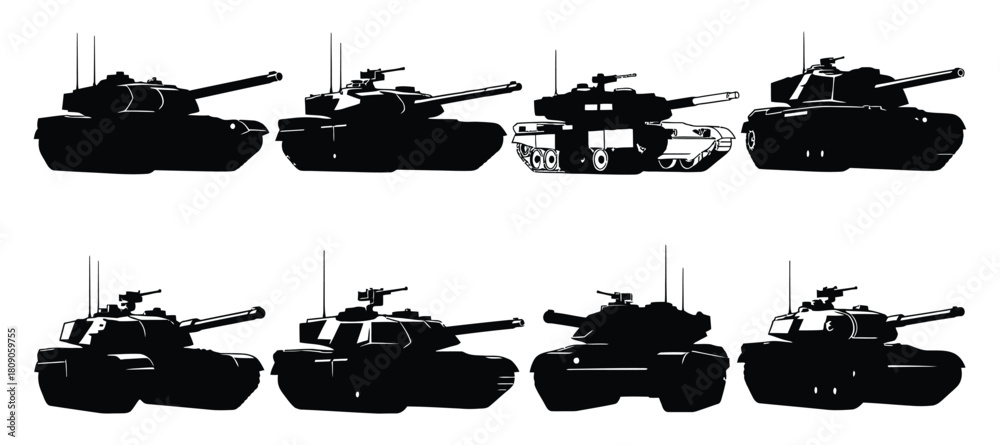 Fototapeta premium Silhouette of various tanks in different poses, showcasing military vehicles used in combat and defense isolated on white background