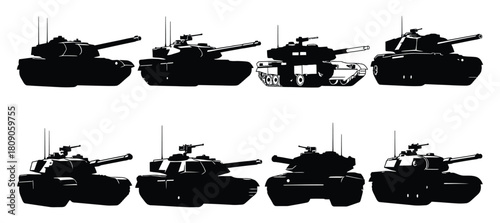 Silhouette of various tanks in different poses, showcasing military vehicles used in combat and defense isolated on white background