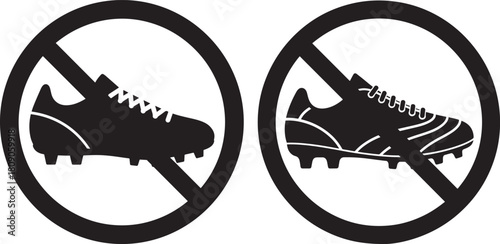 Two black silhouette soccer cleats inside red prohibition signs silhouette