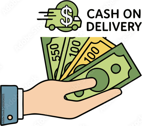 Illustration depicting a hand holding banknotes for a cash on delivery service, symbolizing secure payment upon receipt of goods and convenient e-commerce transactions