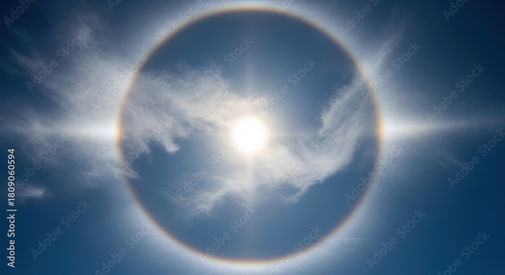 Obraz premium Sun halo in blue sky with clouds, optical phenomenon, weather concept