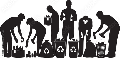 International volunteer day people silhouettes cleaning up litter and recycling materials together
