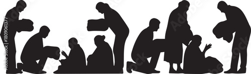 International volunteer day concept silhouettes helping and giving gifts symbolizing charity and support