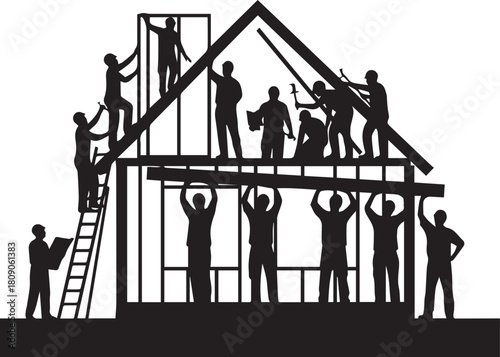 Diverse volunteers constructing a house together building community spirit and shelter