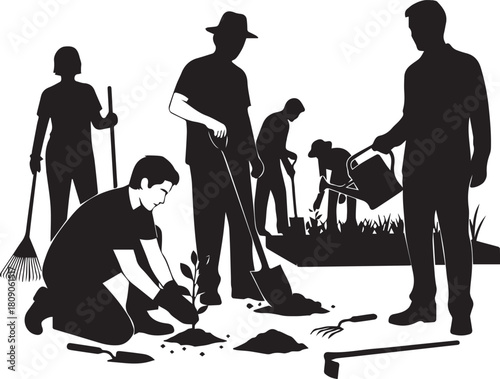 Diverse volunteers planting trees and gardening for international volunteer day celebration