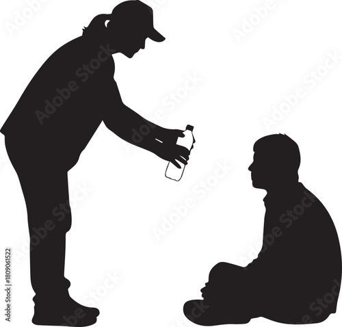 Silhouette of volunteer giving water to homeless person international volunteer day concept