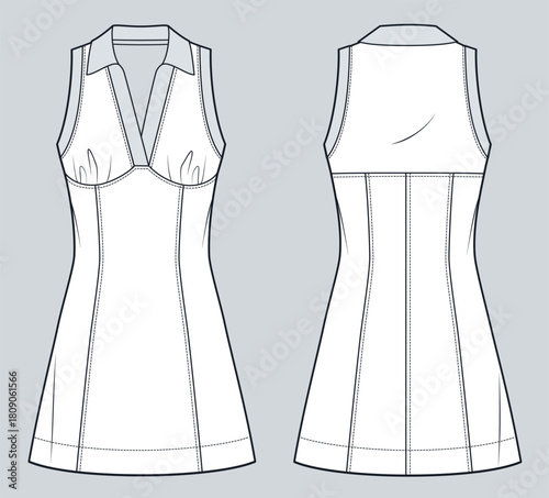 Polo Dress fashion flat sketch. Jersey mini Dress fashion flat technical drawing template, v neck, fitted, front and back view, white, women CAD mockup.