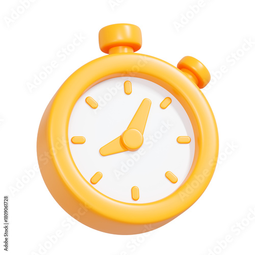 3D illustration of a yellow stopwatch with a white dial, representing timing, speed, countdowns, sports, productivity, and time tracking