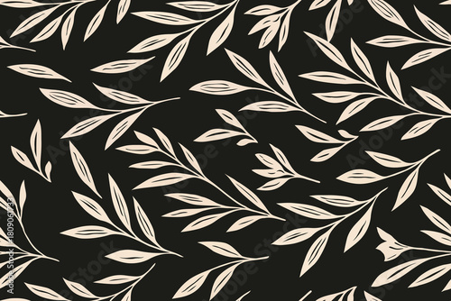 A seamless botanical pattern featuring elegant beige leaves on a deep black background, creating a modern, minimal, and stylish design perfect for fabric and decor.
