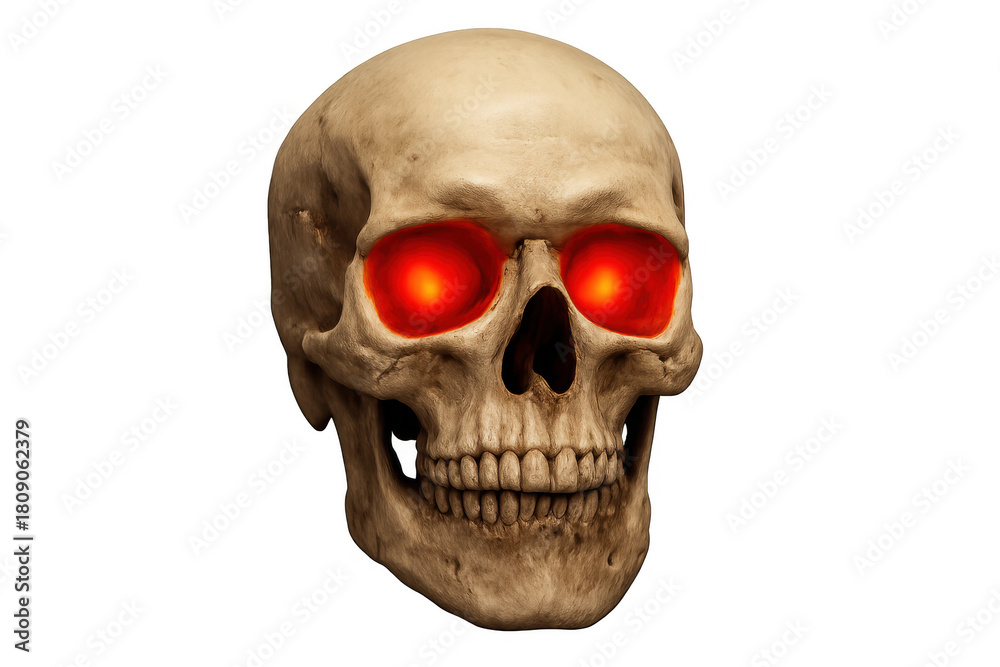 Obraz premium Human skull with glowing red eyes representing evil, danger, death, and horror on transparent background