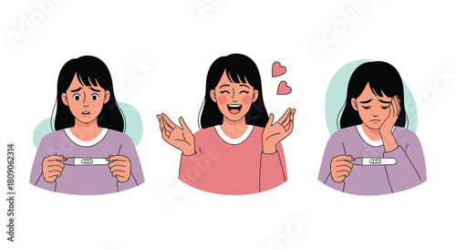 Set of three illustrations showing a woman's emotional journey with a pregnancy test from worry and shock to joy and sadness.
