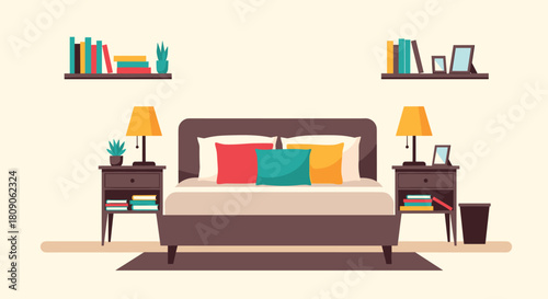 Modern and cozy bedroom interior illustration with a large bed colorful pillows nightstands with lamps and bookshelves.