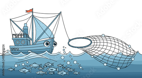 Cute cartoon fishing boat with eyes at sea casting a large net to catch a school of small fish in the blue ocean water.