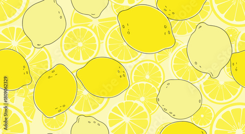 Bright and cheerful seamless pattern background with stylized yellow lemons and lemon slices perfect for a summer fruit theme.
