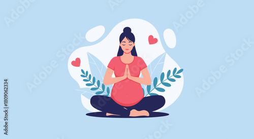 Calm pregnant woman meditating in a lotus yoga pose surrounded by leaves and hearts promoting wellness and health during pregnancy.