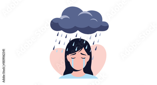 Illustration of a crying woman under a dark rain cloud symbolizing depression sadness grief mental health issues and despair.