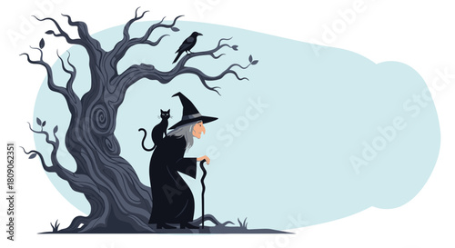 Spooky Halloween scene with an old witch a black cat on her shoulder and a crow in a gnarled tree with copy space.