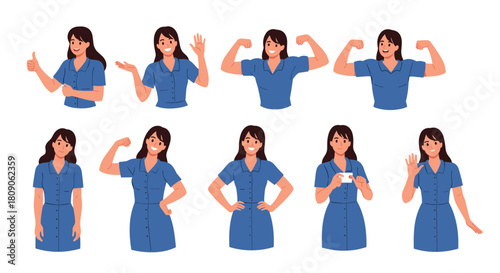 Set of a female character in a blue dress showing various positive poses and emotions like waving flexing and giving a thumbs up.
