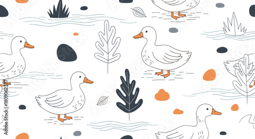 Cute and simple seamless pattern with hand-drawn ducks swimming in water among leaves and stones on a white background.