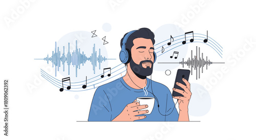 Man with headphones enjoys listening to music from his smartphone while drinking coffee with musical notes in the background.