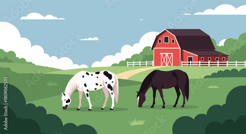 Peaceful countryside scene with two horses grazing in a green pasture in front of a classic red barn and rolling hills.